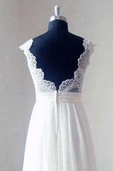Ivory Chiffon Lace V-neck Bodice Beach Wedding Dresses With Sweep Train, MW175